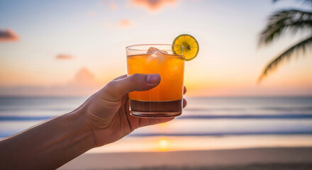 A hand holding a refreshing cocktail with a citrus garnish, set against a beautiful beach sunset.