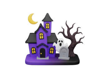 Whimsical Haunted House with Ghost and Crescent Moon on Transparent Backdrop, Perfect for Halloween-Themed Designs and Digital Illustrations