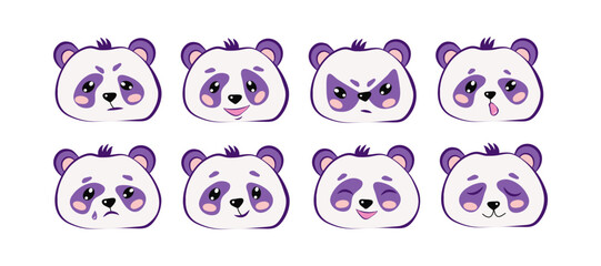 Fototapeta premium Set cartoon panda, faces with different emotions. Animal, cute Chinese bear. Kawaii style. Vector illustration, white isolated background.