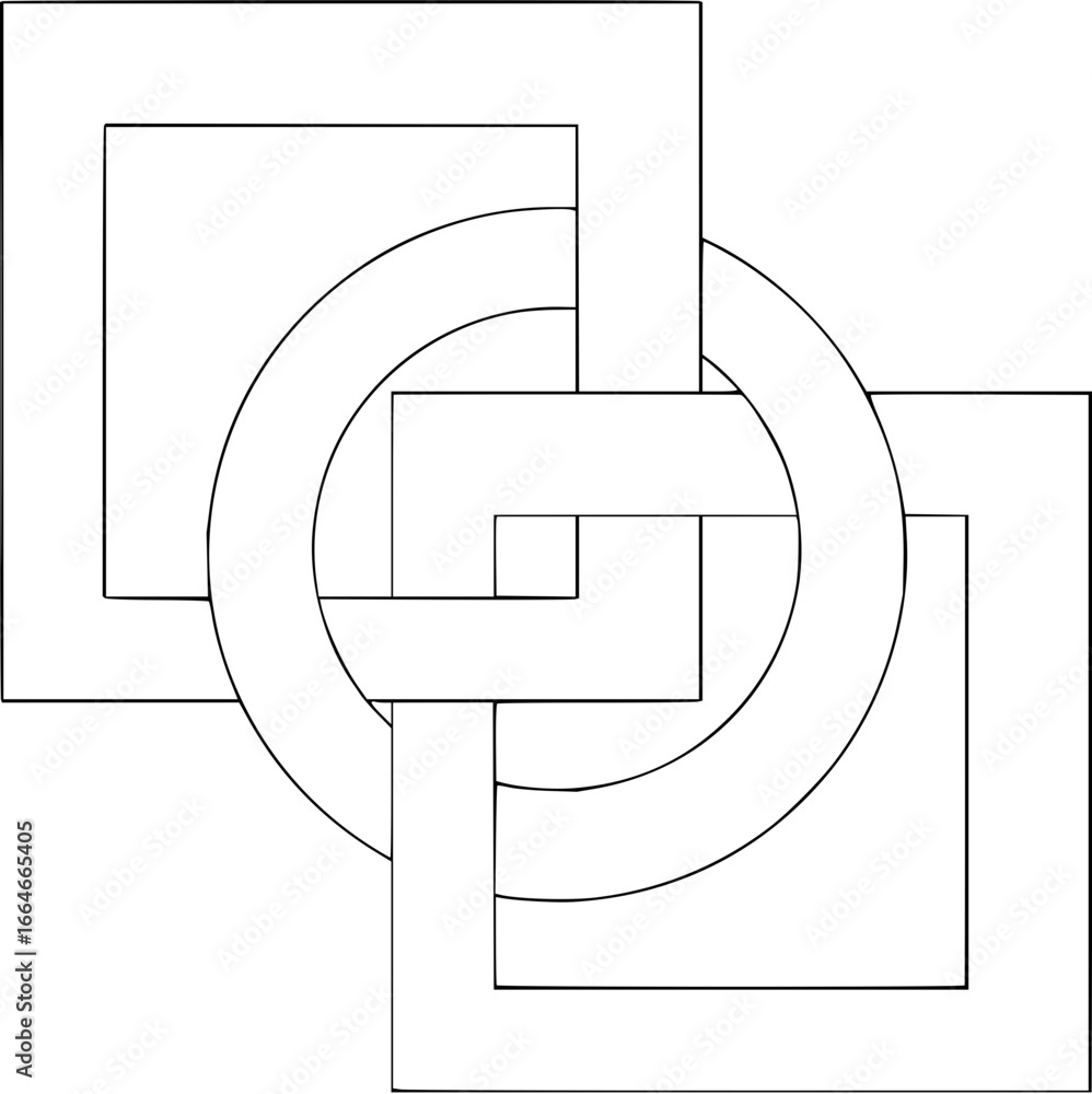 Poster interlocking squares and circle forming a complex geometric design in black and white line art style