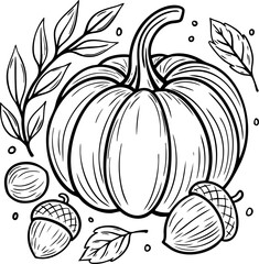 Hand drawn sketch illustration of autumn composition with pumpkin. Cozy rustic fall design perfect for Thanksgiving, seasonal decoration, harvest celebration, and home decor