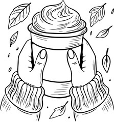 Black and white line art illustration of cozy autumn mood, featuring hands in warm sweaters holding a takeaway coffee cup with whipped cream topping, surrounded by falling leaves.