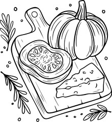 Hand drawn sketch illustration of autumn composition with pumpkin. Cozy rustic fall design perfect for Thanksgiving, seasonal decoration, harvest celebration, and home decor