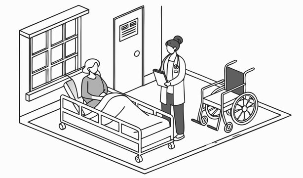 Person with disabilities on therapy in clinic. Doctor visiting patient in ward. Nurse provide hospital care. Woman lying in bed indoor clinic room. Wheelchair near bed. 