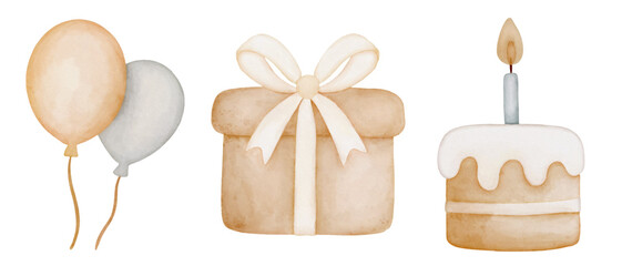 Festive set in watercolor style in pastel colors. Cake, gift, balloons © Ira Shtoina