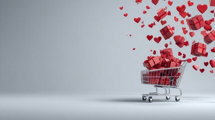 Shopping cart overflowing with red gifts and floating hearts on gray background