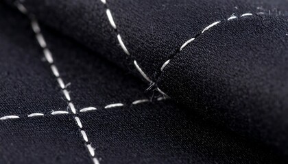 Close-up view of a black fabric with intricate white stitching, showcasing a detailed pattern and texture.