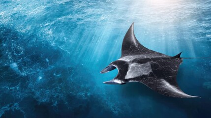 Obraz premium A giant manta ray drifting through the open sea, serene motion from above, sunlight dappling across water surface 