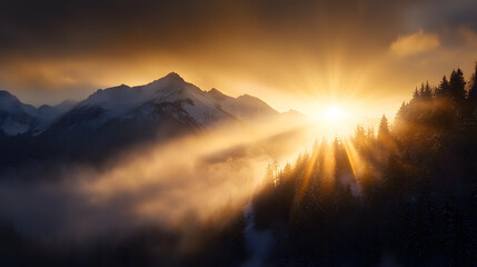 The bright morning sun casting its rays over snow-covered mountain peaks, with a light dusting of snow on the surrounding trees creating a winter paradise.