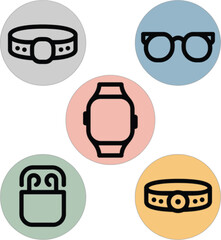 Five Circular Icons With Wearable Technology and Accessories circle accessory