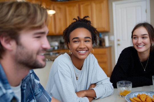 Friends laughing around a kitchen table with snacks and drinks, candid smartphone-like shot, natural light, 