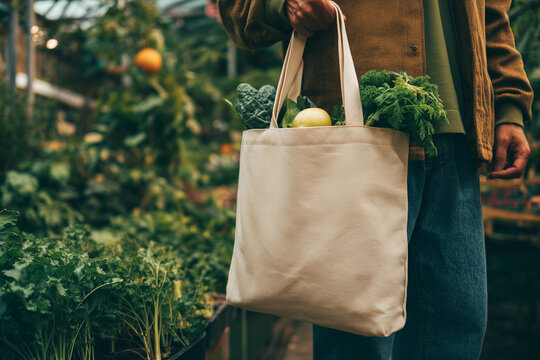 Minimalist eco-lifestyle&mdash;person carrying a blank canvas tote with fresh rosemary in sunlight. Reusable bag mockup for branding, zero-waste shopping, neutral street backdrop
