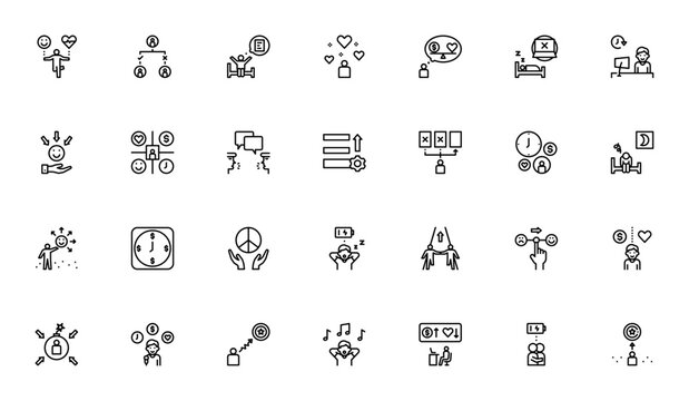 Worklife balance and stress management icon set. Vector illustration. Features symbols for exercise, planning, stress, time management, happiness, relaxation, success, and more.