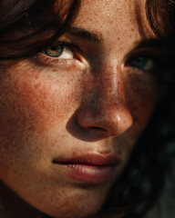 Obraz premium Raw beauty close-up—freckled woman in natural sunlight, dramatic shadows, real skin texture and no-makeup authenticity; intimate macro portrait for skincare, diversity, editorial, copy space