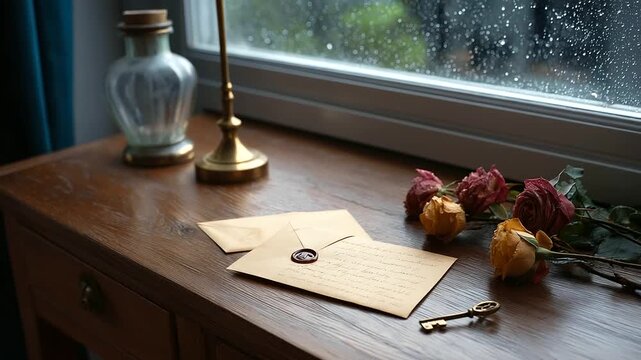 A cozy writing desk by a rain-streaked window, adorned with sealed letters, creating a spooky Halloween vibe with eerie candlelight, ghostly whispers and mysterious atmosphere.