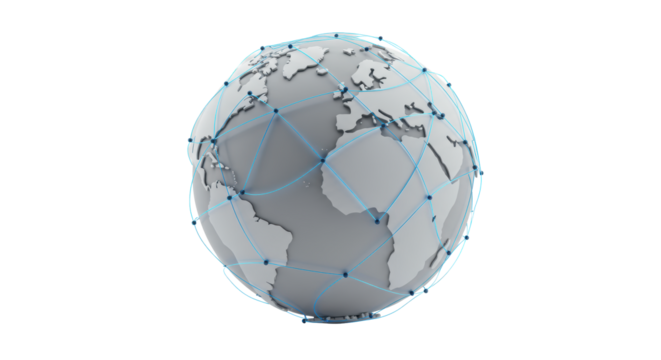 Stylized, minimalist Earth globe in clean greys with a glowing electric blue digital network overlay on a transparent studio background, concept of seamless worldwide communication - Powered by Adobe