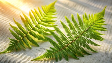 Closeup of two vibrant green fern leaves with delicate fronds, bathed in soft sunlight, showcasing intricate natural patterns and textures
