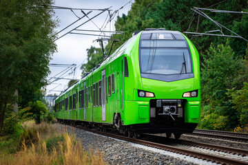 A green electric train moving through countryside landscapes