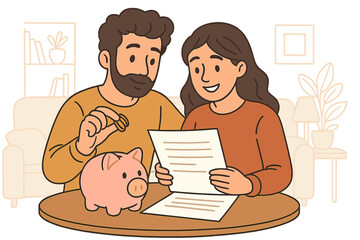 Happy couple planning family budget. Man putting coin in piggy bank for savings and investment. Woman reading financial document. Household economy and banking concept. Vector.