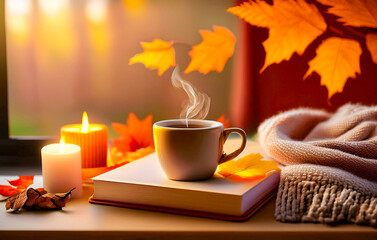 Cozy Autumn Evening with Cup of Coffee and Candles