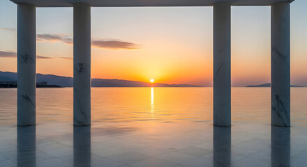 Fototapeta premium Serene Sunrise: Marble Columns Frame Golden Coastal Vista