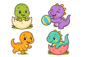 Cute dinosaur stickers show baby dinosaurs hatching and playing. Colorful design collection for children. Vector cartoon illustration set. Funny dino character mascot pack.
