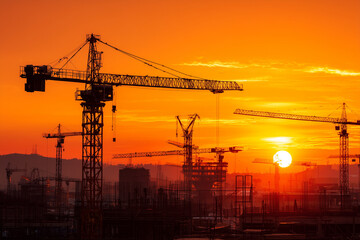 Close up, A construction site with cranes silhouetted at sunrise