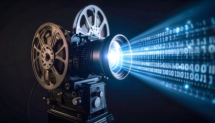 Conceptual image of a retro movie projector emitting a blue light beam of binary code, symbolizing digital media transformation