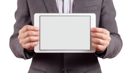 businessman holding tablet with blank display, isolated on white background, high quality stock photo
