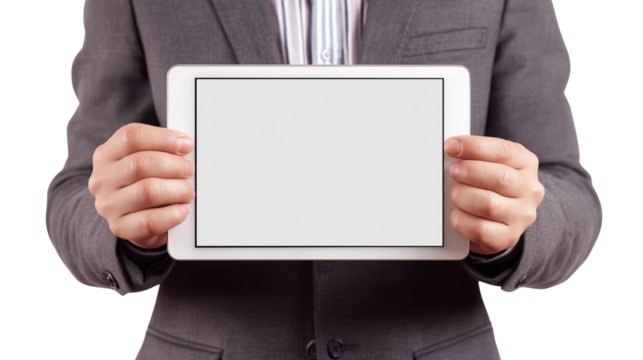 businessman holding tablet with blank display, isolated on white background, high quality stock photo