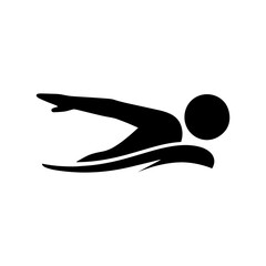 Black stickman silhouette of swimmer in freestyle stroke, minimal flat vector icon for swimming, sports, aquatic activities, water training, and fitness design elements.