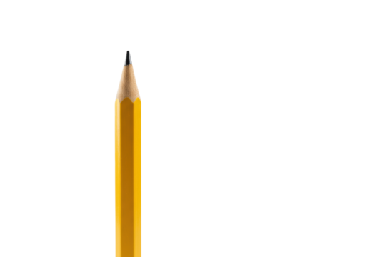 A generic classic yellow wooden pencil with natural wood grain, freshly sharpened, poised on a transparent studio background under soft light, symbolizing ideation and new beginnings