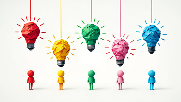 Photo of colorful origami lightbulbs hang above small figures, symbolizing ideas and teamwork