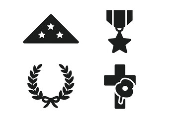 Military honors and remembrance vector icon set. Solid glyph symbols of a folded flag, medal, memorial wreath, and a poppy on a cross for Veterans or Memorial Day concepts.