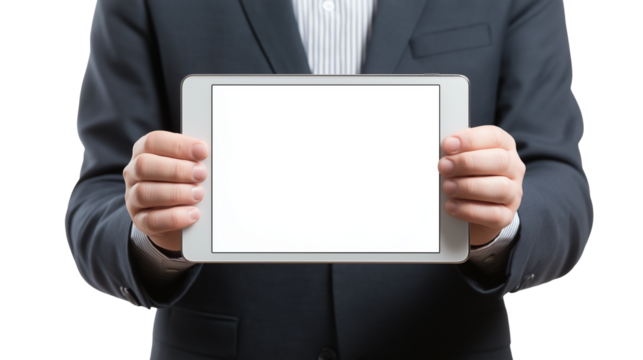 businessman holding tablet with blank display, isolated on white background, high quality stock photo