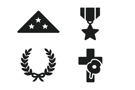 Military honors and remembrance vector icon set. Solid glyph symbols of a folded flag, medal, memorial wreath, and a poppy on a cross for Veterans or Memorial Day concepts.