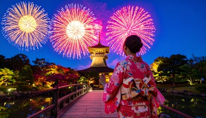 Fototapeta premium Woman in Kimono watching fireworks over a Pagoda