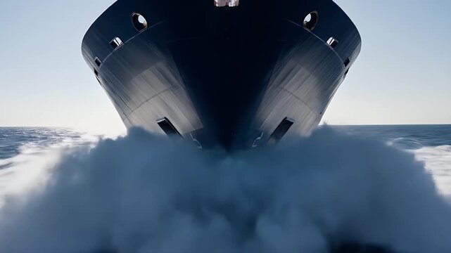 Majestic Cargo Ship Bow Cuts Through The Ocean Water With Powerful Waves And Spray Cinematic Low Angle Front View Of A Large Vessel