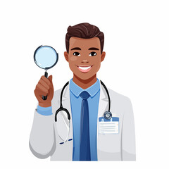 Fototapeta premium Smiling African American Doctor Holding Magnifying Glass
