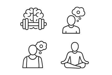 Sports psychology and mindfulness outline icons. Brain training with dumbbell, athlete thought process, and meditation yoga pose. Mental health and wellness vector symbols.