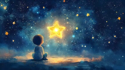 A child is sitting on the ground looking up at a star