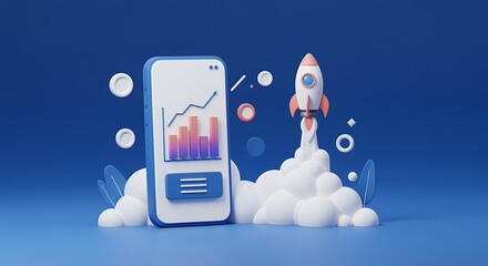Smartphone with growing chart and rocket launch on blue background innovative business solutions for mobile platforms and startup success realistic 3D render