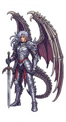 Generative AI Dragon Knight Pixel Art Illustration Armor Sword Wings Tail Pixel art Fantasy Warrior Fighter Character Hero Medieval Silver White hair Scars Full body - Unique Design