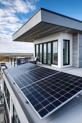 Solar panels covering rooftop of modern house