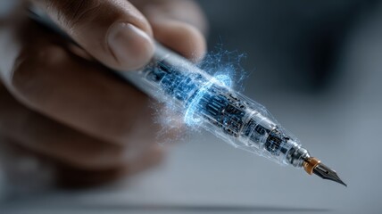 Futuristic Writing Instrument with Technology Glow in Human Hand