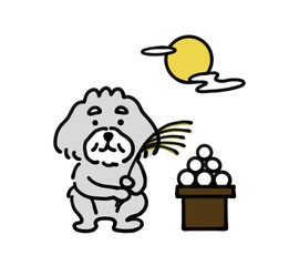 お月見をする手描きの犬