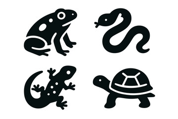Fototapeta premium Rainforest Creatures Icons. Solid filled icon set of 4 rainforest reptiles and amphibians including poison dart frog, boa snake, gecko, and turtle vector illustration