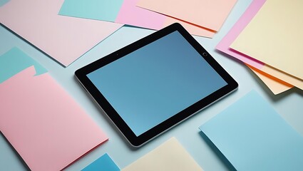 Digital Tablet with Colorful Pastel Paper Sheets on Blue Background, Modern Flat Lay Workspace Concept