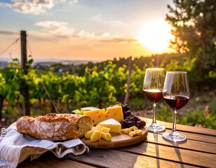 Romantic sunset picnic with red wine and a cheese platter overlooking a beautiful vineyard landscape