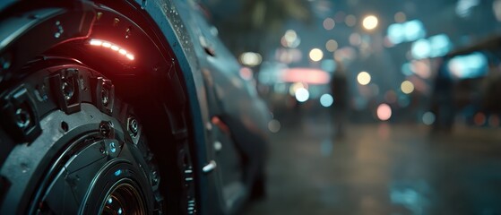 Fototapeta premium Futuristic Vehicle Wheel with Neon Lights and Urban Background